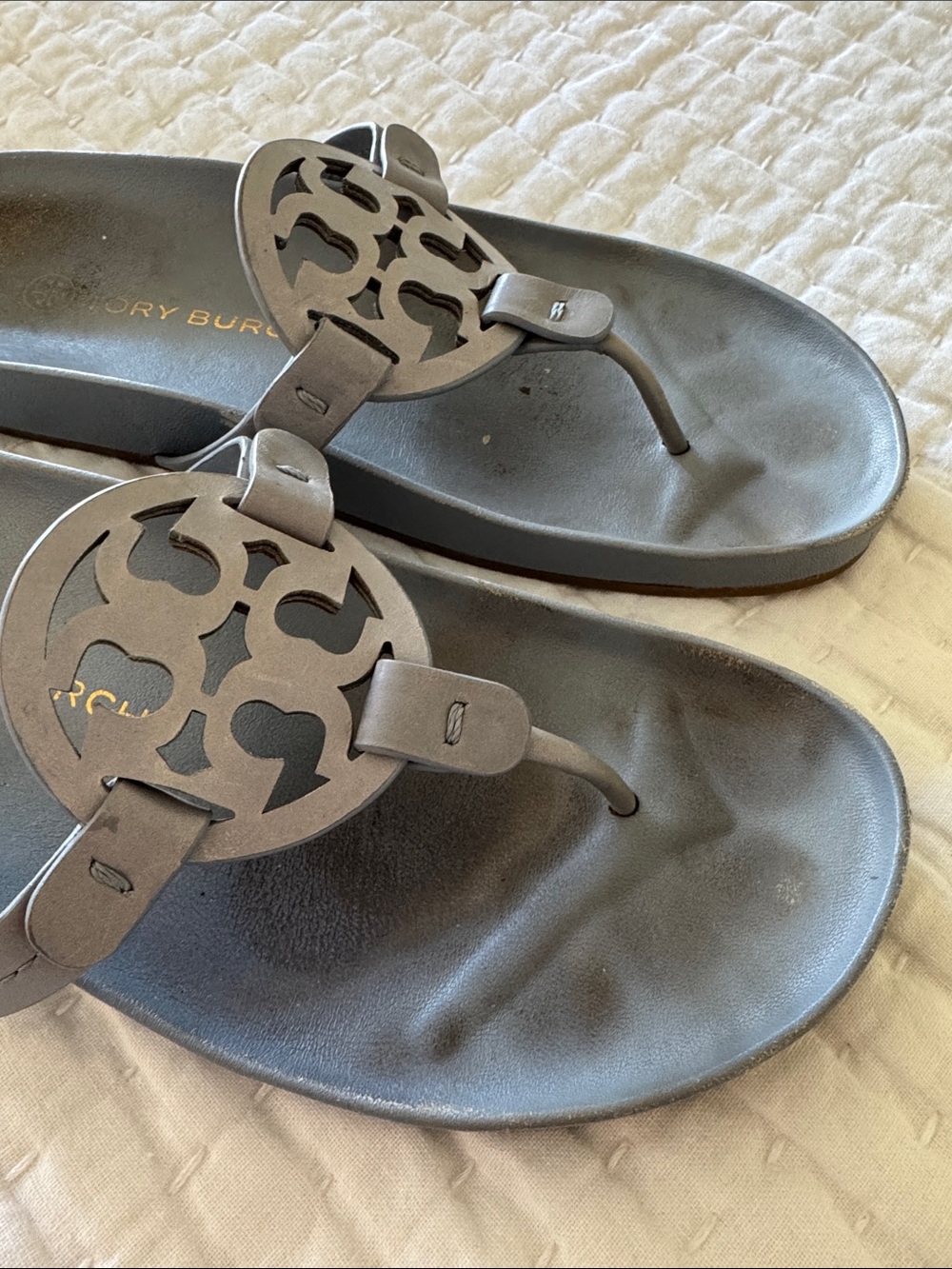 Tory Burch light blue Leather Logo Thong Sandals. When on you can’t see the wear